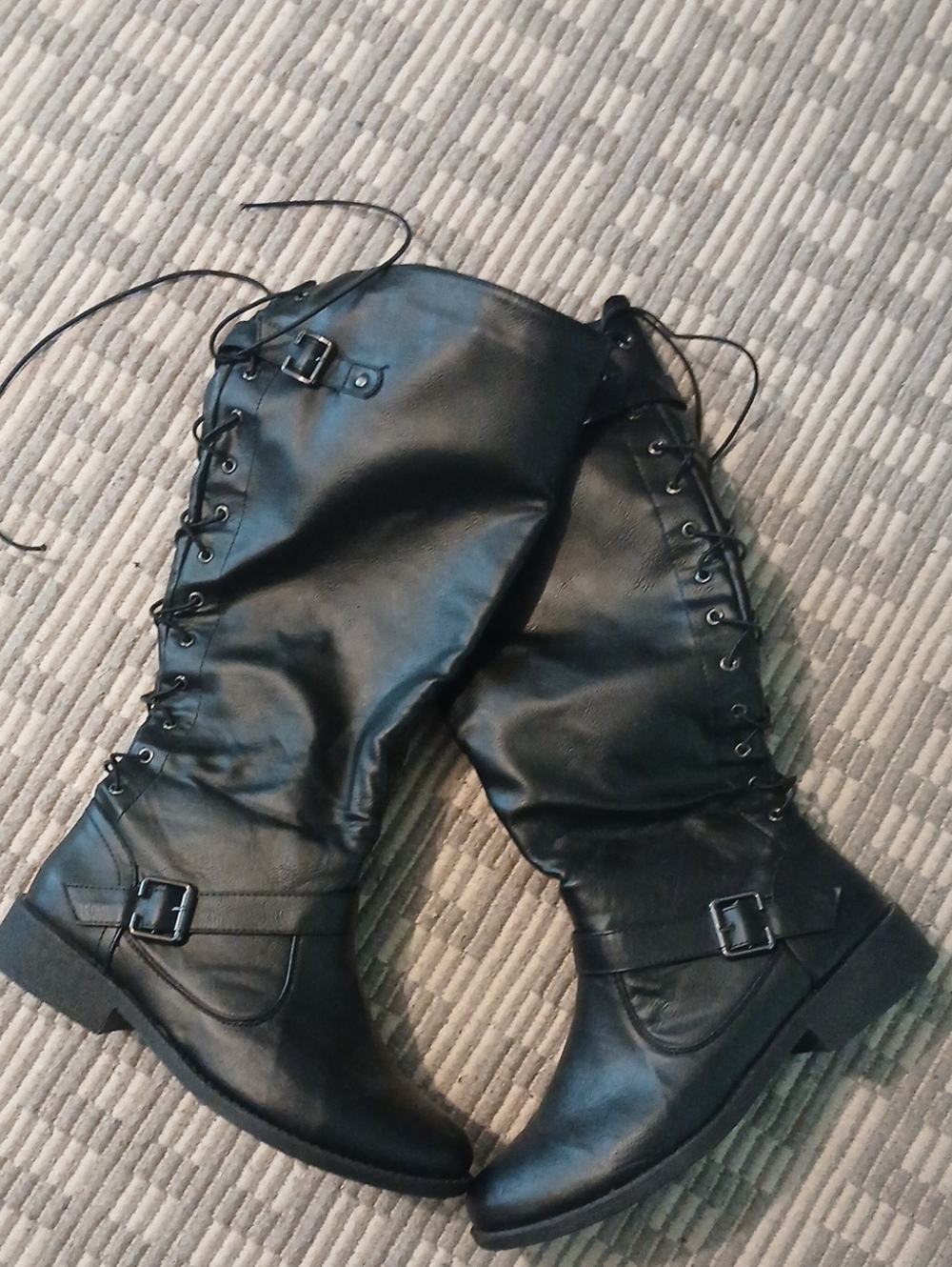 Wanted Black Lace-Up Knee-High Boots with Buckle Accents